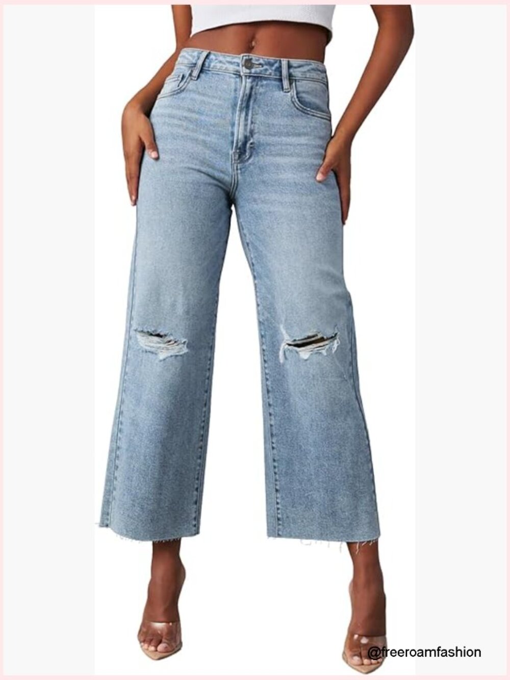 High Waisted Wide Leg Ripped Jeans Frayed Hem Capri Stretchy Denim